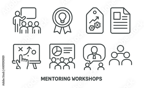 Line style icons of mentoring workshops: group session icon, learning session badge, skills development tag, workshop material file, interactive activity board, group discussion chart, mentor-led