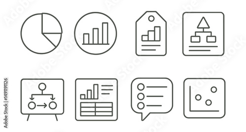 Line style icons of infographic basics: pie chart icon, bar graph badge, data icons tag, visual hierarchy file, process flow board, facts and figures chart, illustrated points bubble, simplified data