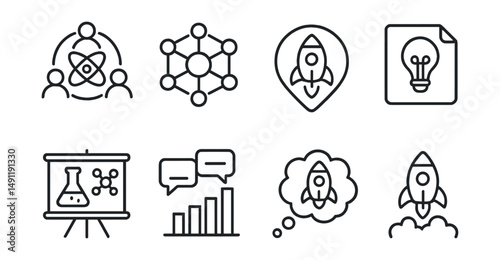 Line style icons of innovation ecosystems: tech community icon, collaborative network badge, startup hub tag, innovation center file, research lab board, idea exchange chart, entrepreneurial bubble,