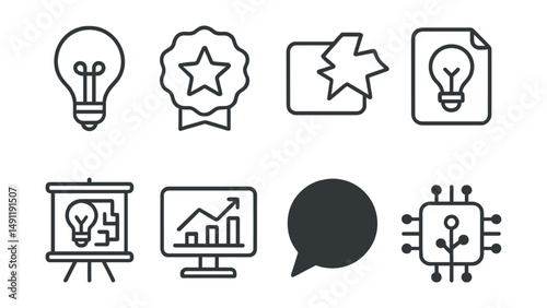 Line style icons of innovation: lightbulb icon, idea badge, breakthrough tag, concept development file, creative solution board, new product chart, innovation spark bubble, future tech symbol.