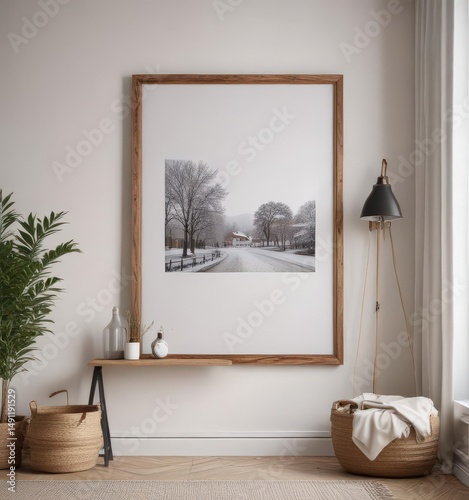 Cozy home interior, white wall, poster mockup with clips, wooden frame ,  light,  aesthetic