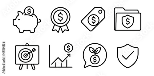 Line style icons of saving: piggy bank icon, savings account badge, deposit tag, emergency fund file, savings goal board, interest chart, growth savings bubble, financial security symbol.