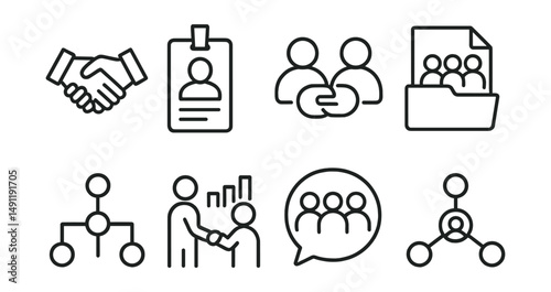 Line style icons of business networking: handshake icon, business contact badge, collaboration tag, network meeting file, client connection board, partnership chart, networking event bubble,
