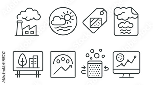 Line style icons of air quality: pollution icon, clean air badge, air filter tag, smog alert file, green city board, ozone layer chart, air purifiers bubble, air quality monitoring symbol.