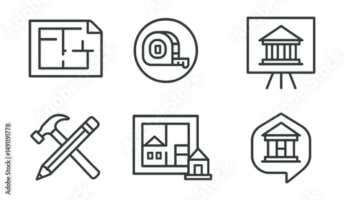 Line style icons of architecture: blueprint icon, measuring tape badge, building structure tag, construction tools file, architectural design board, floor plan chart, building model bubble,