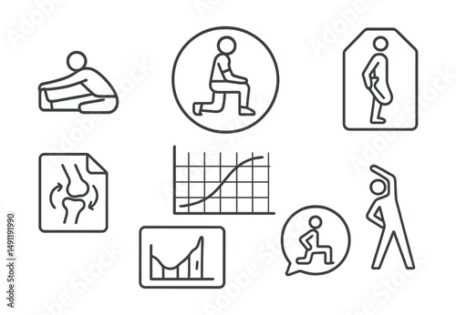 Line style icons of flexibility and mobility: stretching icon, mobility workout badge, flexibility training tag, joint movement file, flexibility chart, mobility exercise bubble, stretch symbol.