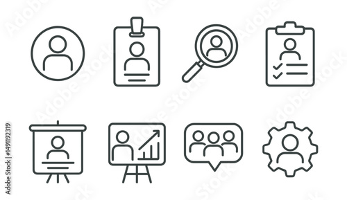 Line style icons of human resources: HR icon, employee badge, recruitment tag, performance review file, payroll board, training chart, team building bubble, staff management symbol.