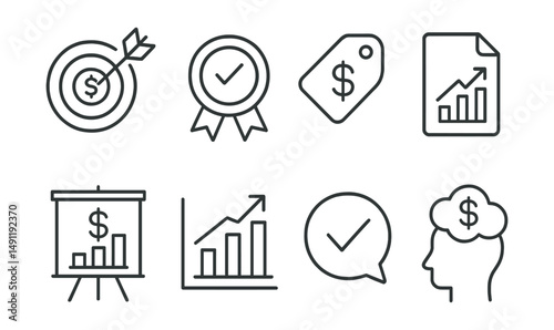 Line style icons of financial goals: financial target icon, goal tracking badge, savings milestone tag, financial progress file, wealth-building board, success chart, goal achievement bubble, future