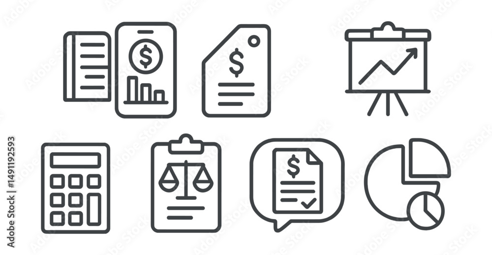 Line style icons of financial management: accounting icon, budget tracker badge, income statement tag, cash flow file, profit margin board, balance sheet chart, tax filing bubble, financial overview Line style icons of financial management: accounting icon, budget tracker badge, income statement tag, cash flow file, profit margin board, balance sheet chart, tax filing bubble, financial overview