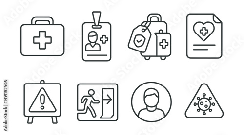 Line style icons of travel safety: first-aid kit icon, emergency contact badge, travel security tag, health tips file, travel alert board, emergency evacuation chart, travel safety bubble, precaution