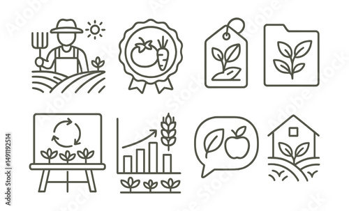 Line style icons of sustainable agriculture: farming icon, organic produce badge, eco-farming tag, permaculture file, crop rotation board, sustainable harvest chart, organic food bubble, green