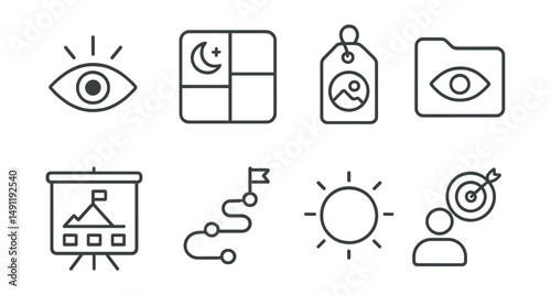 Line style icons of visualization for success: vision icon, dream board badge, mental image tag, future vision file, manifesting board, success path chart, clarity bubble, achieving goals symbol.