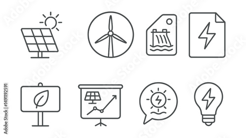 Line style icons of renewable energy: solar panel icon, wind turbine badge, hydroelectric tag, renewable power file, green energy board, solar energy chart, sustainable power bubble, clean