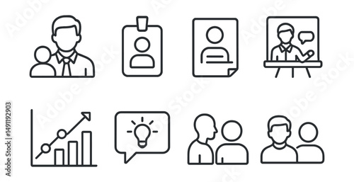 Line style icons of mentorship relationships: mentor icon, mentee badge, guidance tag, coaching session file, one-on-one meeting board, growth path chart, advice bubble, mentor-mentee symbol.