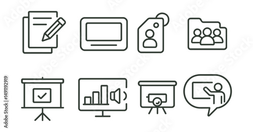 Line style icons of presentation setup: prepare slides icon, title slide badge, intro content tag, audience setup file, projector check board, sound setup chart, start the presentation bubble, ready