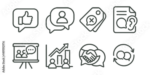 Line style icons of mentorship communication: feedback icon, open dialogue badge, constructive criticism tag, active listening file, guidance conversation board, trust building chart, mutual respect