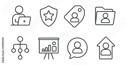 Line style icons of personalized learning: individual learning icon, customized badge, tailored plan tag, personalized course file, learner’s path board, specific lesson chart, adaptive learning