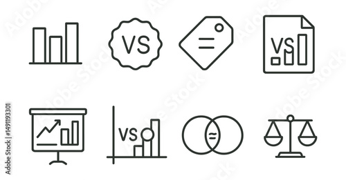 Line style icons of comparison charts: side-by-side icon, vs comparison badge, equal scale tag, two-way comparison file, competitive analysis board, product vs market chart, differential bubble,