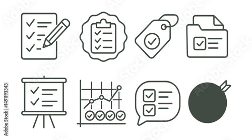 Line style icons of practice tests: mock test icon, practice session badge, pre-test tag, trial exam file, test prep board, practice chart, test attempt bubble, readiness symbol.