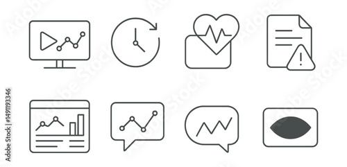 Line style icons of real-time data monitoring in dashboards: live feed icon, real-time update badge, activity tracker tag, system alert file, monitoring dashboard board, activity log chart, real-time