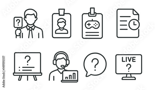 Line style icons of quiz hosting: quiz master icon, event host badge, game master tag, event schedule file, quiz session board, host control chart, quiz management bubble, live quiz symbol.