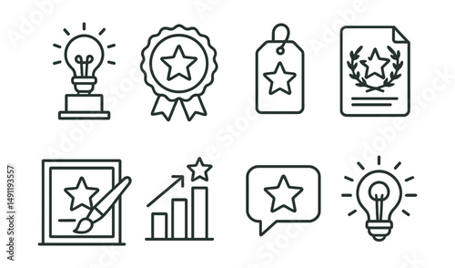 Line style icons of creative awards: innovation icon, creativity badge, artistic achievement tag, design award file, artistic recognition board, creative excellence chart, art achievement bubble,