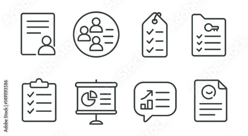 Line style icons of meeting reports: meeting notes icon, discussion points badge, action items tag, key decisions file, follow-up list board, meeting minutes chart, next steps bubble, recap symbol.