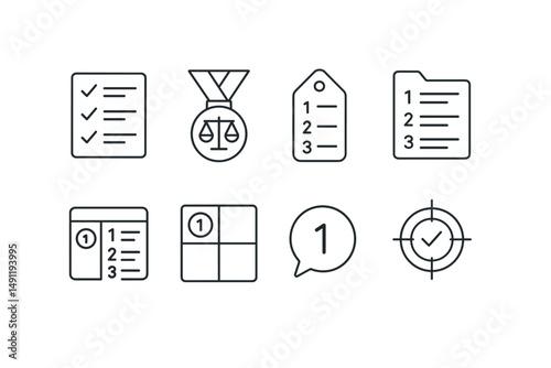 Line style icons of setting priorities: priority list icon, importance scale badge, task order tag, priority ranking file, top task board, decision matrix chart, first task bubble, focus on top
