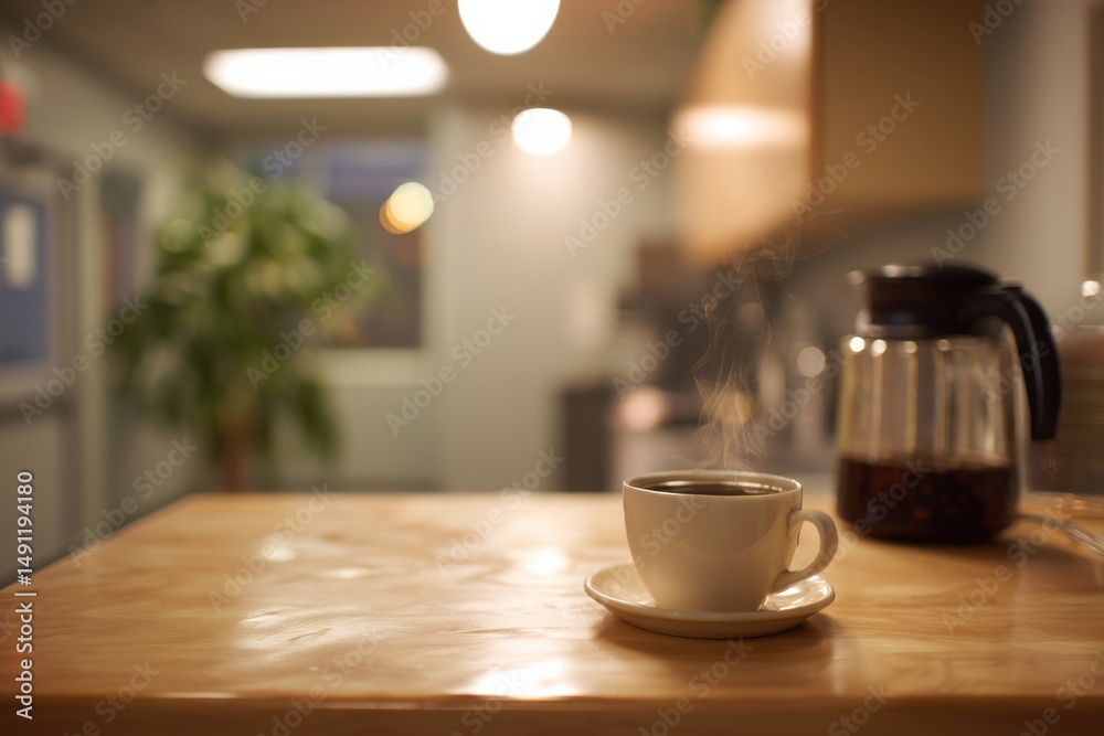 Fototapeta premium Steaming Cup of Coffee on Wooden Table, Depicting Morning Routine and Workplace Refreshment Break : Generative AI