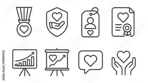 Line style icons of philanthropic medals: charity medal icon, fundraising badge, community leader tag, donation award file, social good board, philanthropic chart, giving bubble, kindness symbol.