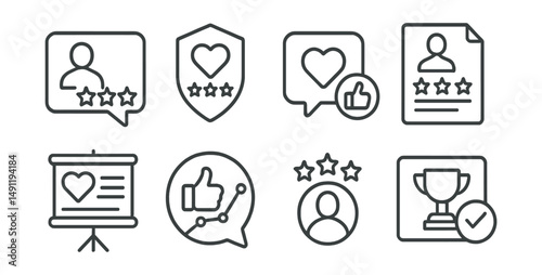 Line style icons of social media ratings: social review icon, influencer rating badge, post interaction tag, follower rating file, content rating board, feedback chart, follower engagement bubble,