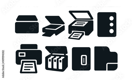 Solid style icons of printer hardware details: printer lid icon, open tray icon, scanner with print combo, hardware buttons icon, LED panel print, cartridge bay icon, USB port print, printer side