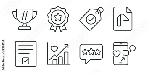 Line style icons of social media contests: hashtag contest icon, challenge badge, voting competition tag, submission file, entry form board, likes and shares chart, contest results bubble, social