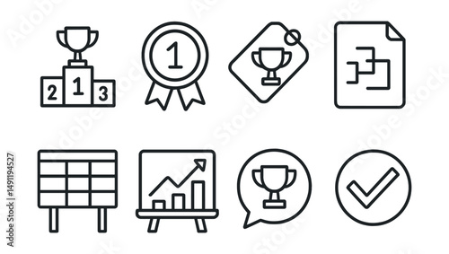 Line style icons of tournament results: ranking icon, score badge, event winner tag, final score file, competition results board, victory chart, prize award bubble, results symbol.