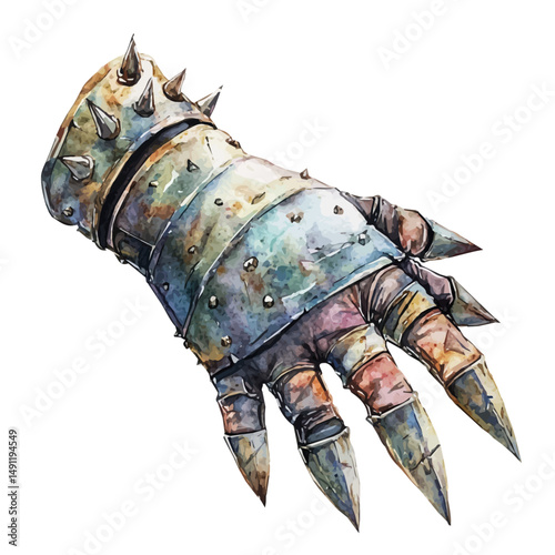 Knights Gauntlet With Spikes, watercolor illustration vector, high quality, isolated on a white background.