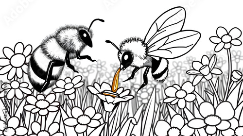 Coloring page, a hardworking bee collects nectar in a flowering field to make honey