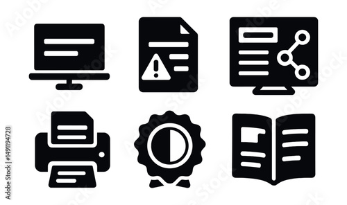 Solid style icons of contrast in documents and presentations: slide with contrast text, document with visual alert, header with proper contrast icon, infographic contrast icon, report with contrast