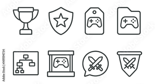 Line style icons of esports tournaments: tournament icon, championship badge, competition tag, grand finals file, esports bracket board, game stage chart, competitive event bubble, esports