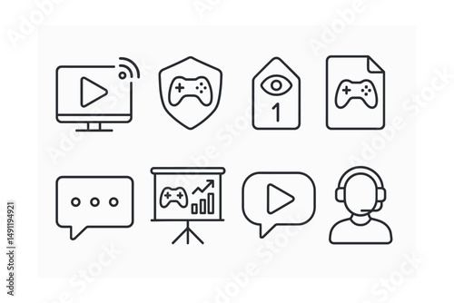 Line style icons of game streaming: live stream icon, gaming broadcast badge, viewer count tag, stream setup file, live chat board, game commentary chart, streaming platform bubble, streamer’s symbol