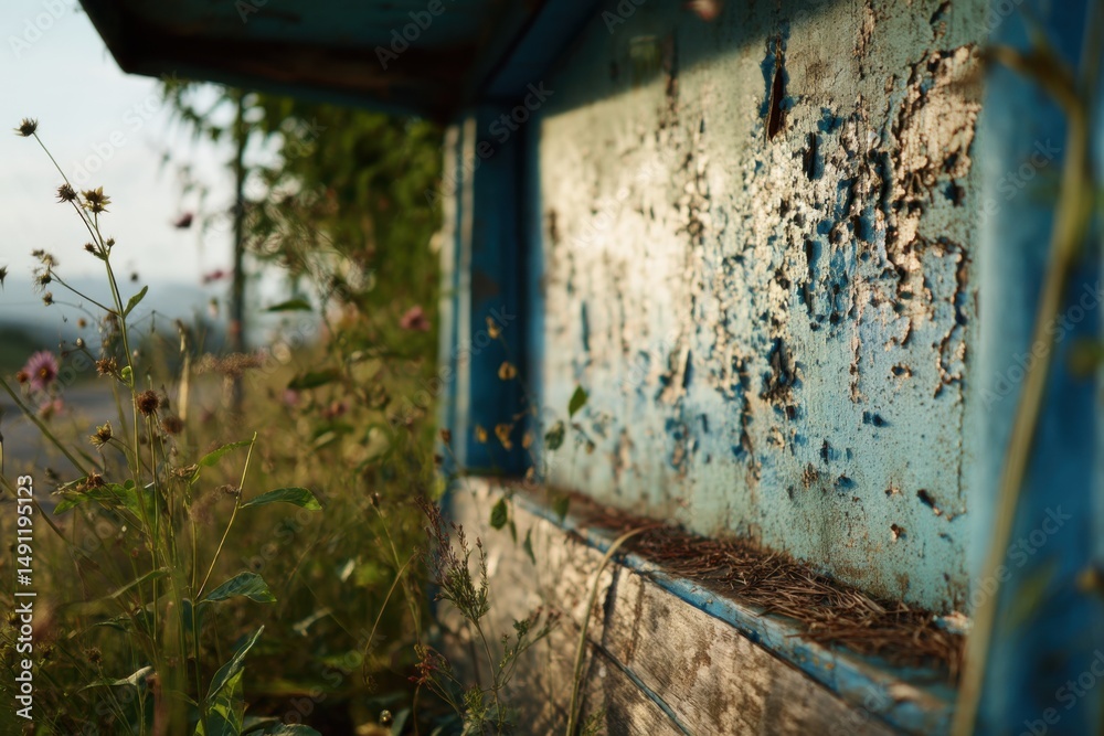 Rustic Blue Wooden Structure With Peeling Paint and Wildflowers, Representing Decay and Environmental Awareness for Conservation Projects : Generative AI Rustic Blue Wooden Structure With Peeling Paint and Wildflowers, Representing Decay and Environmental Awareness for Conservation Projects : Generative AI