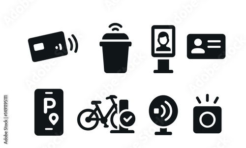 Solid style icons of public smart services: contactless ticket, smart trash bin, facial entry kiosk, city ID card, app-based parking, public bike terminal, noise sensor, safety alert button.
