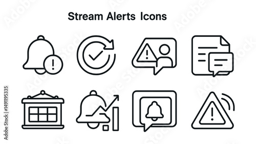 Line style icons of stream alerts: notification icon, stream update badge, viewer alert tag, pop-up message file, stream schedule board, reminder chart, on-screen alert bubble, streaming alert symbol