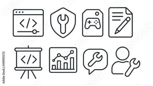 Line style icons of modding tools: editor icon, modding software badge, game mod builder tag, customization file, asset editor board, mod creator chart, toolset bubble, mod developer symbol.