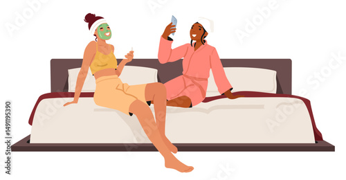 Two women best friends cartoon character enjoying spa procedure celebrating pajama party at home