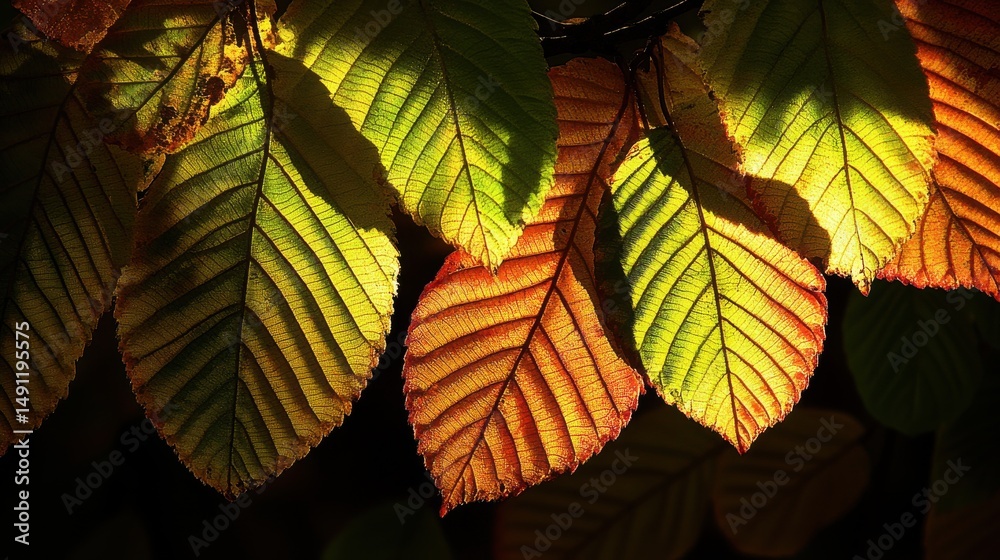 Fototapeta premium Vibrant Autumn Leaves Illuminated by Soft Natural Light