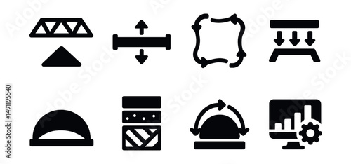 Solid style icons of structural innovation: truss network, beam tension icon, flexible frame, load-balancing icon, shell roof, hybrid material, compression dome, structural feedback.