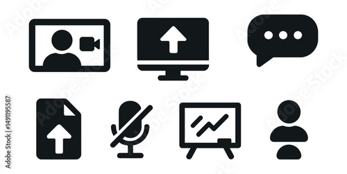 Solid style icons of virtual office tools: video call window, shared screen icon, chat bubble, calendar invite, file upload, mute button, virtual whiteboard, participant list.