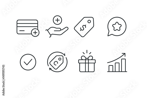 Line style icons of types of bonuses: sign-up bonus card, referral bonus hand, purchase bonus label, feedback reward icon, review bonus checkmark, return-customer bonus tag, birthday bonus gift,