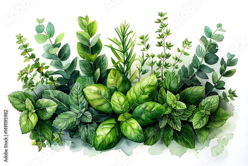 Watercolor illustration of various culinary herbs on white background basil mint rosemary thyme and eucalyptus composition