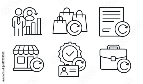 Line style icons of business cashback: B2B refund chart, bulk purchase cashback, invoice with rebate, small business reward, business card with return, client retention bonus, partnership cashback